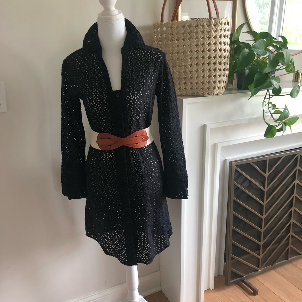 Dick & Jayne Los Angeles Long Sleeve Button Down Eyelet Dress in Black - Size S